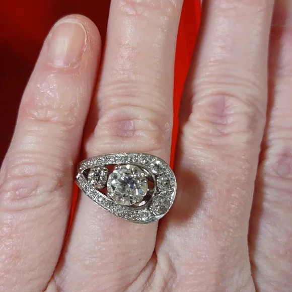 Old European cut diamond ring 14kt white gold U design - Picture 3 of 17